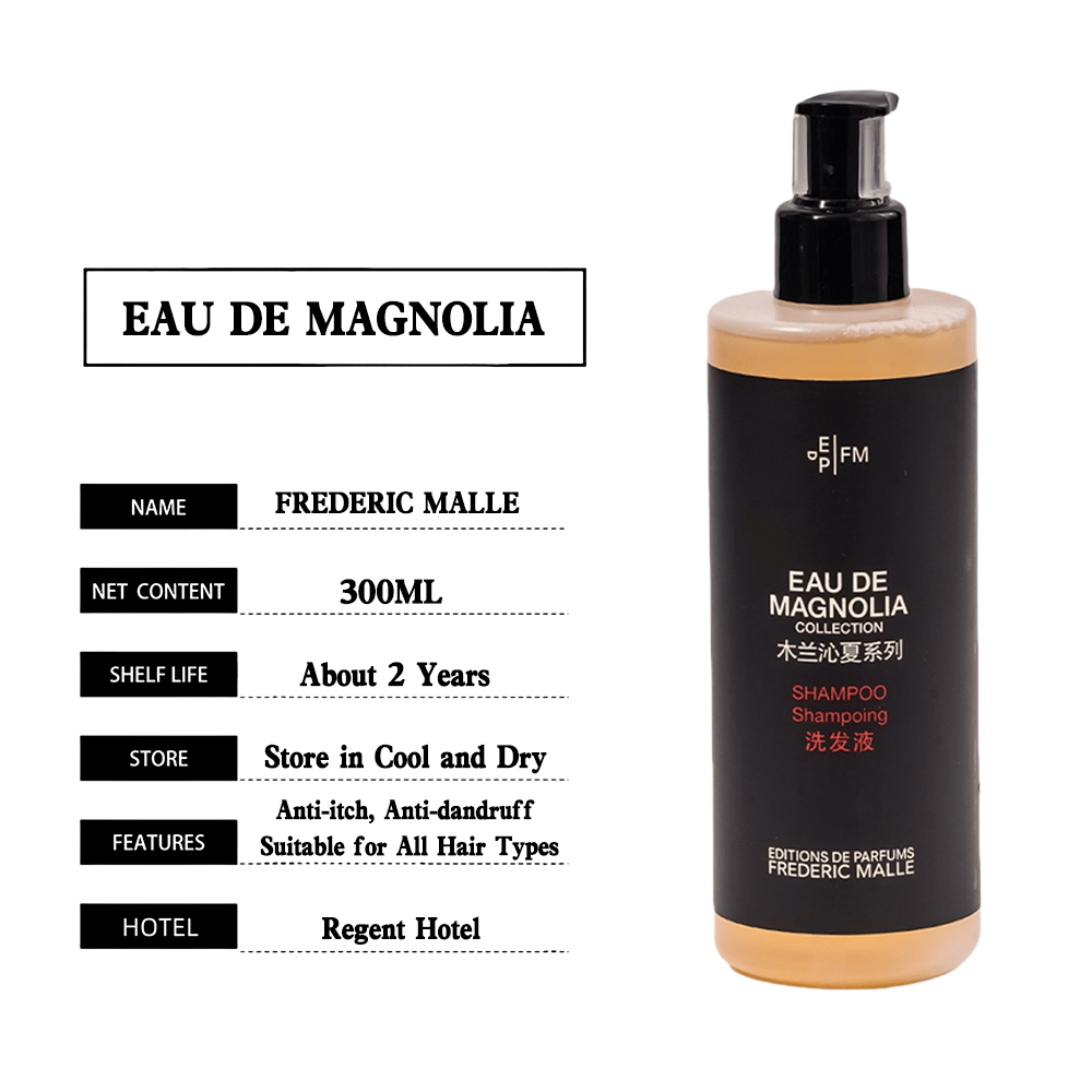 right side one bottle of EAU_DE_MAGNOLIA shampoo, left side about the shampoo features.